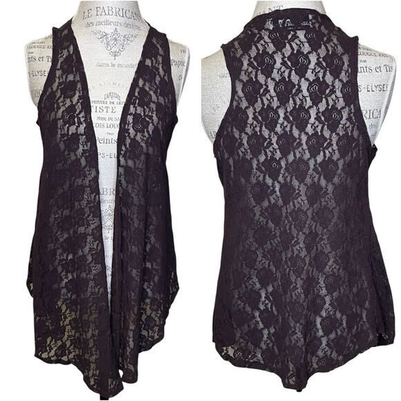 Back In The Saddle High Low Floral Lace Sleeveless Cardigan Dark Brown Medium - Picture 1 of 9